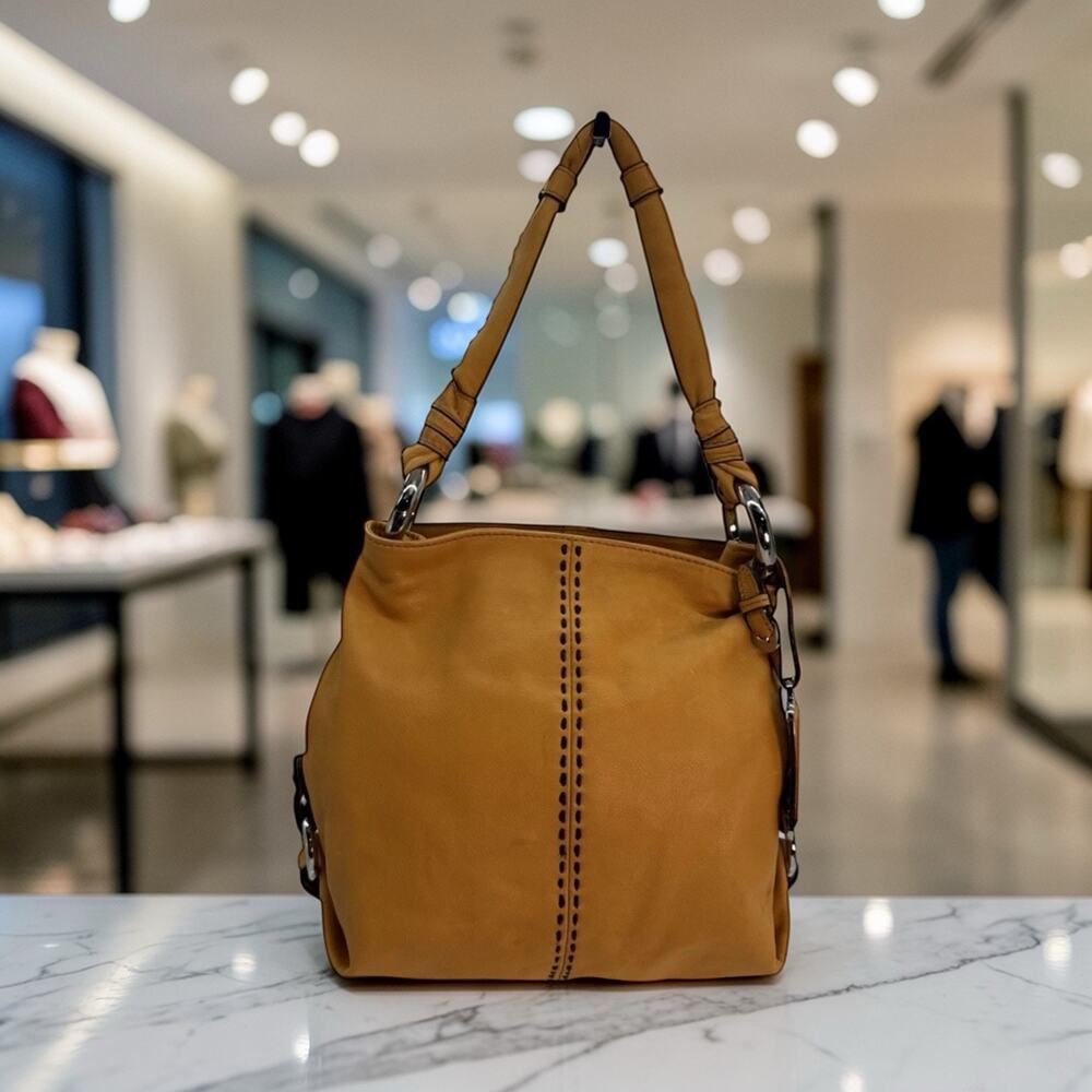 B. Makowsky Soft Leather Mustard Yellow Orange Zippered Hobo Handbag Purse Y2K